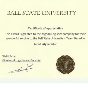 Certificate From Ball Stat For Afghan Logistics