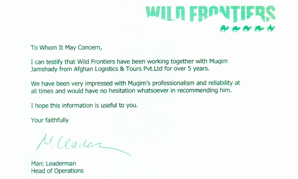Wild Frontiers Certificate for Afghan Logistics